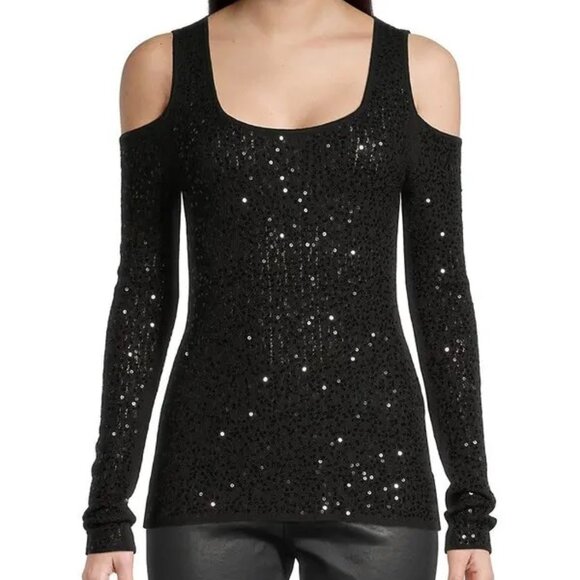 Donna Karan Sequin Knit Cold-Shoulder Sweater Black Size XS NWOT - Picture 3 of 10